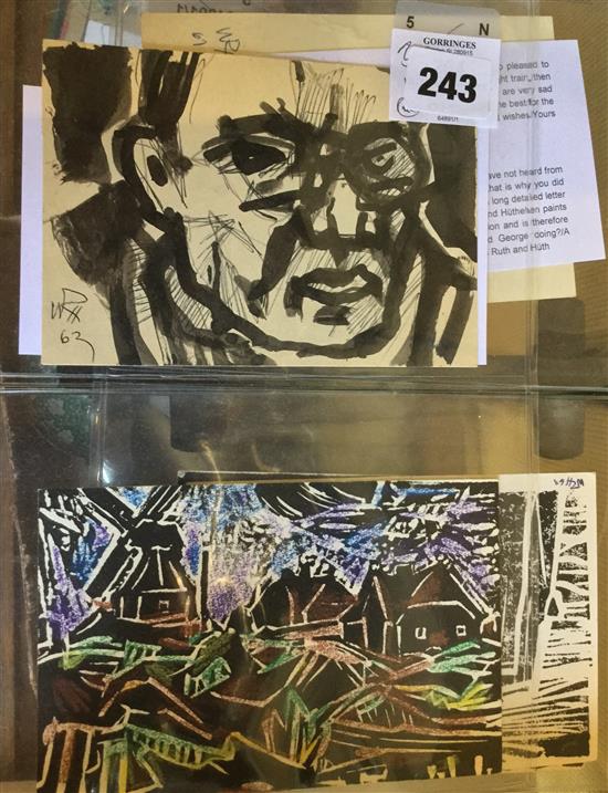 Willy Robert Huth, ink wash postcard portrait & four linocut postcards(-)